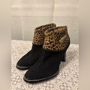 Donald J. Pliner Black Suede Ankle Boots with Leopard Cuff Fold Over.